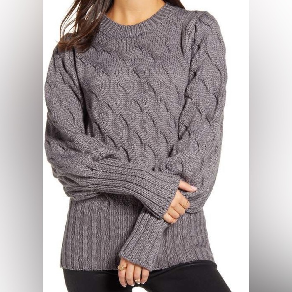 Nordstrom 4SI3NNA Drea Cable Knit Gray Sweater, Bishop Sleeves